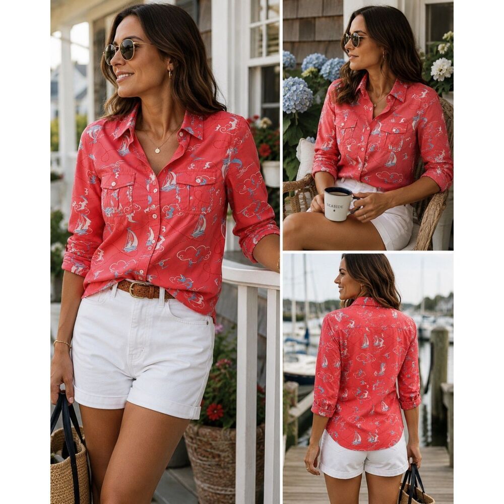 L.L.Bean Women's Medium Red Nautical Sailboat Dolphin Button Front Shirt